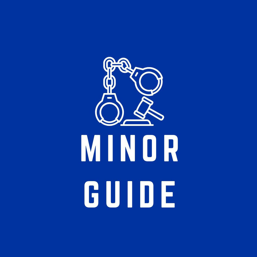 blue logo for criminal justice major, image is a drawing of handcuffs and a gavel above text that reads "minor guide"